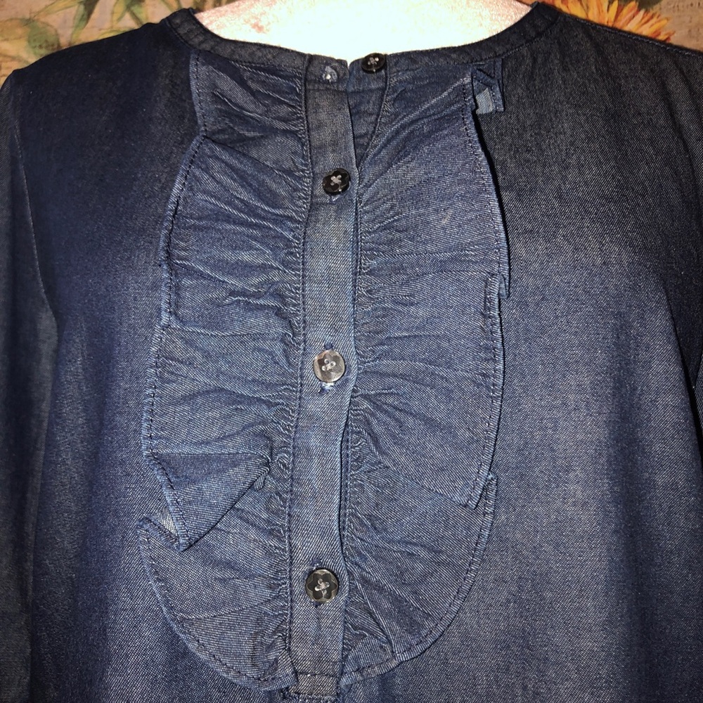 Sz 10 Draper James Chambray Ruffle Shift Dress in Dark Wash - Picture 11 of 16